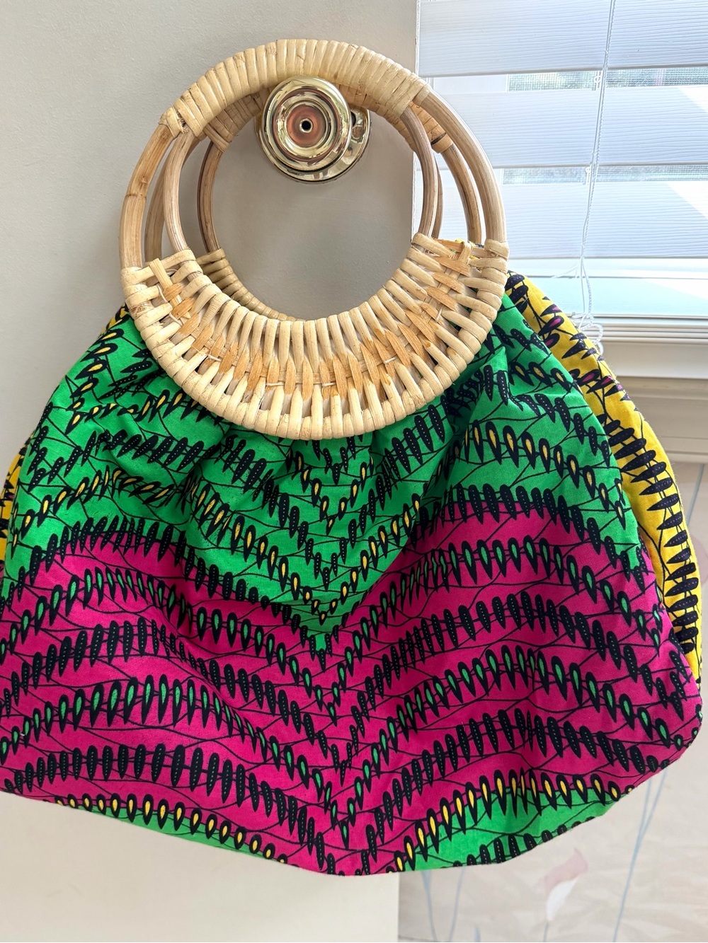 Vibrant Patterned Handbag with Bamboo Ring Handles